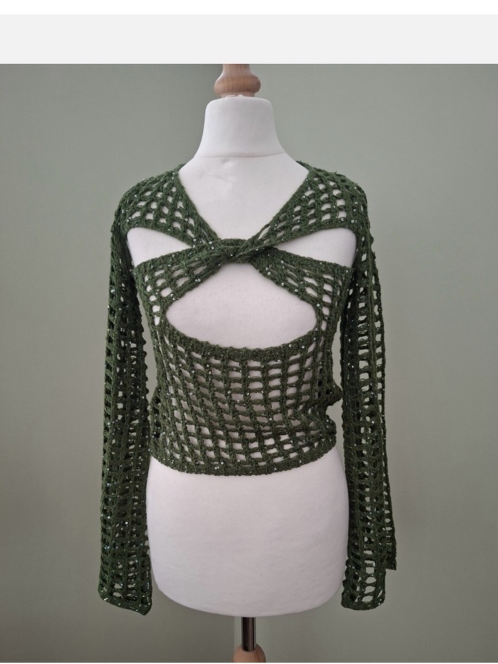 PrettyLittleThing Olive Green Crochet Mesh Top with Sequins